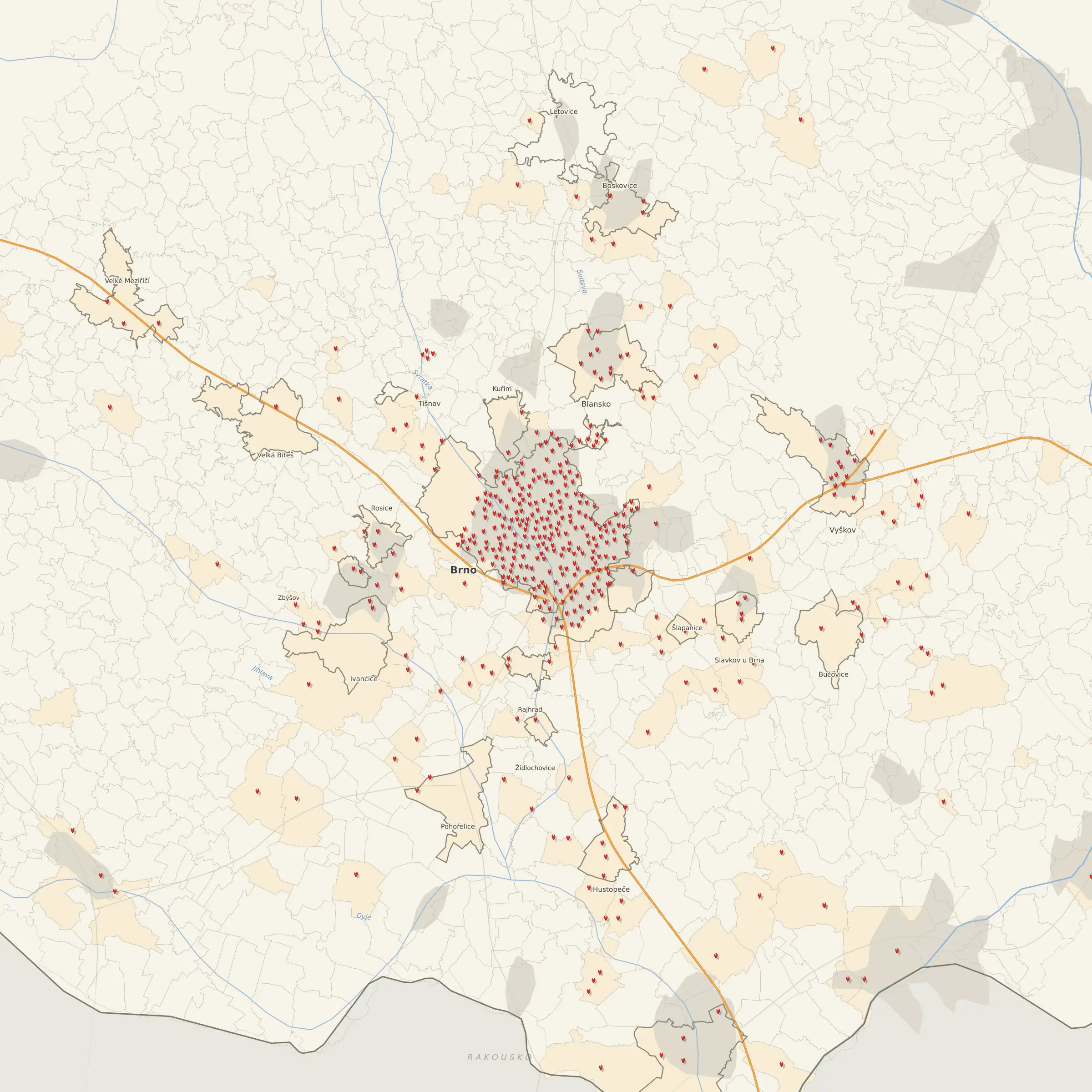 Mapa prodaných nemovitostí v Brně a okolí